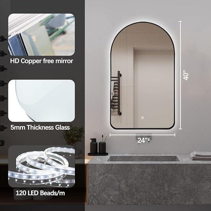 Niccy Arched LED Lighted Bathroom Mirror, 40x24 Inch Backlit Vanity Bathroom Mirror with Lights Brushed Black Framed Wall Mounted Mirrors with 3 Color Shatterproof Arch Smart Fog Free Mirror