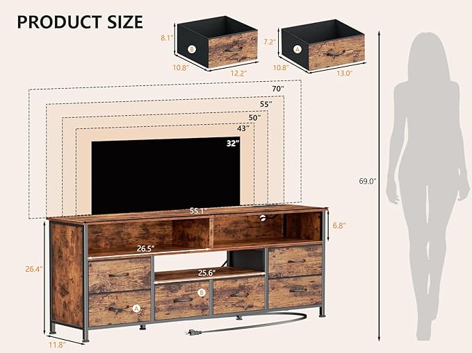 Furologee 55" LED TV Stand for Bedroom with Power Outlets, Entertainment Center with 6 Fabric Drawers for 50/55/60 inch TVs, Dresser TV Stand Long Console Media Table for Living Room, Rustic Brown