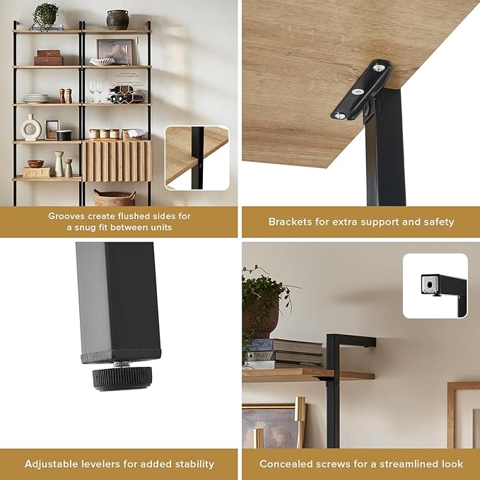 mopio Norwin 4 Piece Entertainment Center with Storage, 70" TV Stand, Industrial Modern Television Accent Cabinet, Wood Media Console Table with 3-Tier Shelf Bookcase (Oak 3-Tier Set TV Stand)