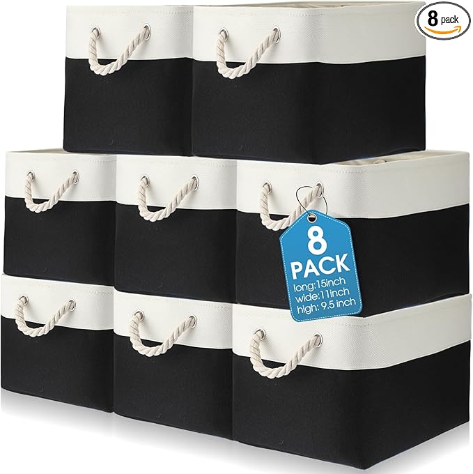 meekoo 8 Pack Collapsible Storage Bins Fabric Storage Bins Polyester Fabric Baskets with Handles Linen Closet Organizer for Shelf Home Closet Towels Toys(15 x 11 x 9.5 in,Black White)