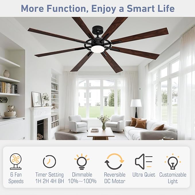 72 Inch Smart Ceiling Fan with Light and Remote, Black Ceiling Fan with Quiet Reversible DC Motor, Control Via WiFi Alexa App, 3CCT Dimmable Large Indoor/Outdoor Ceiling Fans for Patio Garage