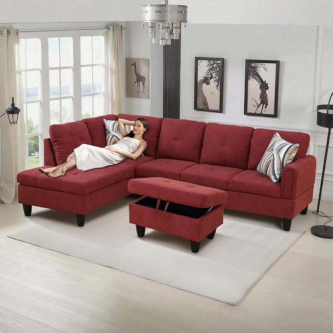 L-Shape 3-Piece Cloud Sofa, Couch for Living Room, Red Fluffy Fabric L-Shape with Reversible Chaise & Storage Ottoman, Ergonomic 110–115° Recline, Solid-Wood Frame