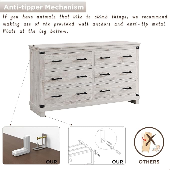 T4TREAM Farmhouse 7 Drawers Dresser for Bedroom, 54" Wide Wood Chest of Drawers w/Natural Texture & Metal Handle, Rustic Storage Dressers Organizer for Living Room, Hallway, Antique Brush White