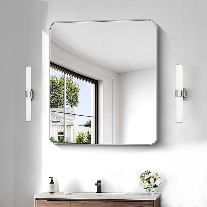 Silver Bathroom Mirror, 30 x 36 Inch Metal Framed Silver Rectangle Mirror, Rounded Corner Rectangular Vanity Mirror, Wall Mounted Mirror for Living Room Bedroom Entryway Horizontal/Vertical