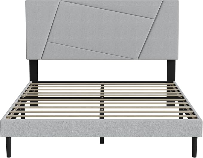 Full Size Bed Frame, Full Platform Bed Frame with Fabric Upholstered Headboard, Geometric Pattern, Sturdy Frame and Slats, No Noise Free, No Springs Required, Easy to Assemble，Light Gray