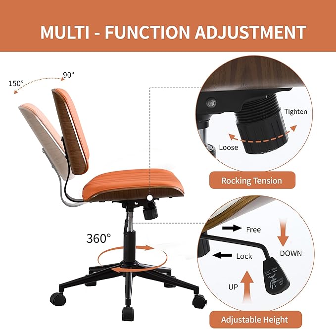 Small Home Office Chair - Armless Mid Back Desk Chair with 360° Swivel and Wheels, PU Upholstered Height Adjustable Modern Walnut Computer Chair for Home, Office Meeting Room - Orange