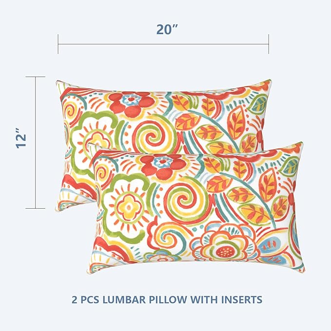 LVTXIII Outdoor/Indoor Lumbar Pillows, Decorative Patio Lumbar Cushions, Fluffy Water Repellent Garden Cushions for Home Patio Coach Sofa Use, 12×20 Inch, Pack of 2, Flower Multi