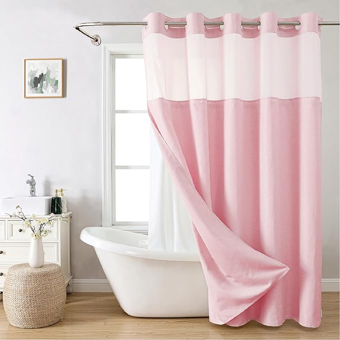 No Hooks Needed Linen Textured Shower Curtain with Snap-in Fabric Liner Set,Hotel Luxury Decor Shower Curtains for Bathroom with Mesh Top Window,Waterproof & Washable,71Wx74H,Pink