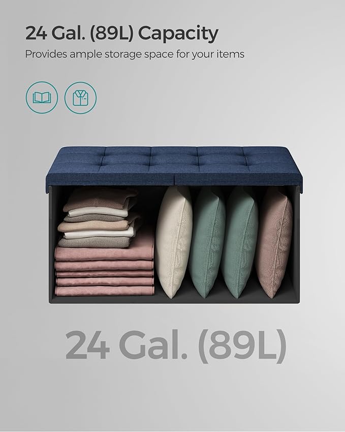 SONGMICS Mazie Collection - 30 Inches Storage Ottoman, Foldable Storage Bench with Flipping Lid, 660 lb Load Capacity, for Entryway, Living Room, Bedroom, Midnight Blue ULSF046Q02