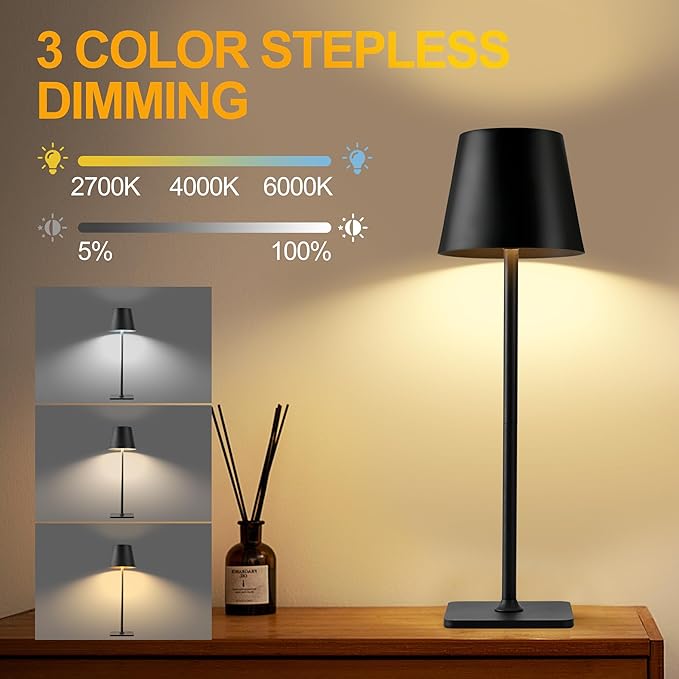 Cordless Table Lamp, Rechargeable lamp Portable, 5200mAh Battery Operated Lamp, 3 Color Stepless Dimming Up, Table Lamps Set of 2 for Restaurant/Bars/Outdoor Party/Camping/Coffee Shop (Black)