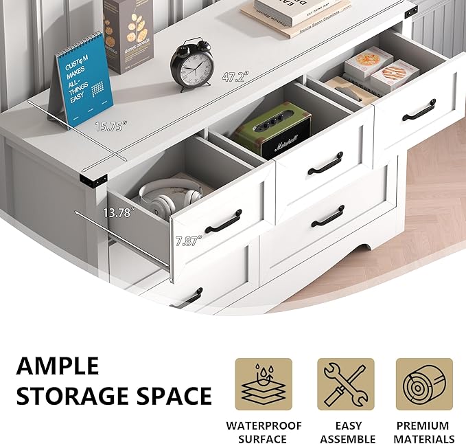 7-Drawer Dresser for Bedroom – 47" Wide Modern Wooden Chest with Natural Wood Texture, TV Stand & Storage, Metal Corner Brackets, Wood Drawer Organizer for Living Room, Hallway