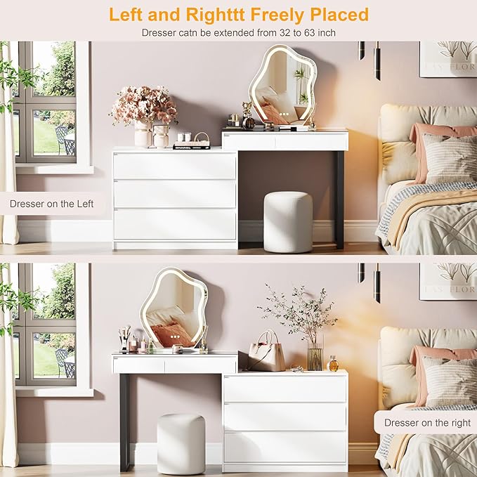 Corner Makeup Vanity Desk with Mirror and Lights, 58" Modern L-Shaped Vanity Table with Glass Top, Large Dressing Table with 2 Drawers & 3 Tier Dresser for Bedroom, White