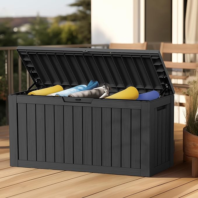 80 Gallon Resin Deck Box Storage Outdoor Waterproof Boxes Lockable UV Resistant Container for Patio Furniture Cushions Pool Supplies Garden Tool Sports Equipment Outside Storage Delivery