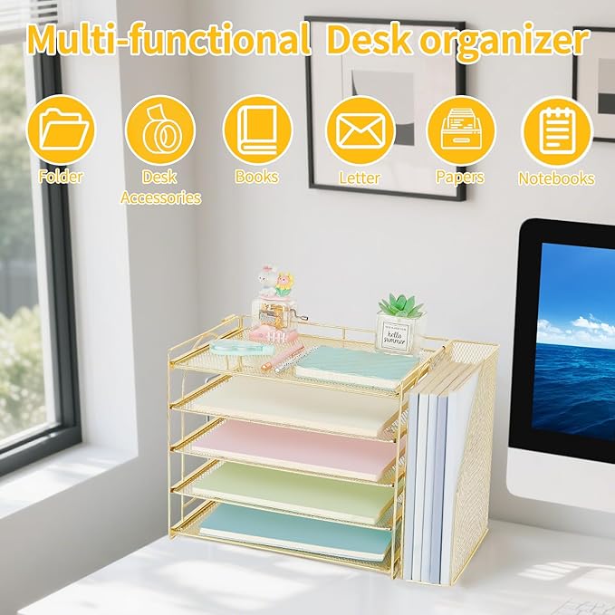 AUPSEN Gold Desk Accessories Organizer,5-Tier Letter Tray Paper Organizer with Adjustable File Holder, Desktop Office Desk Accessories for Office Supplies