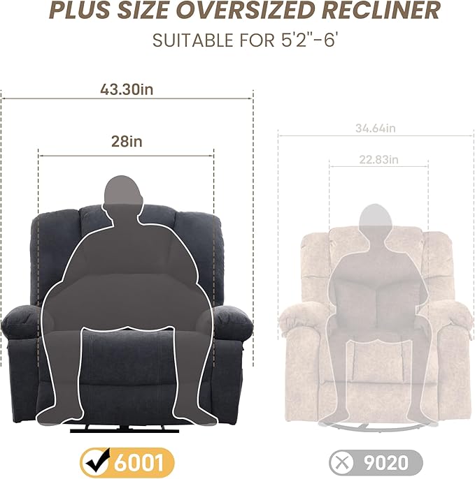 Oversized Power Recliner Chair 350lb with Hidable Cup Holders, Extra Wide Large Big Electric Recliner Chair with Lumbar Support Pillow Nursery Chair Living Room (Power, GREY-6001)