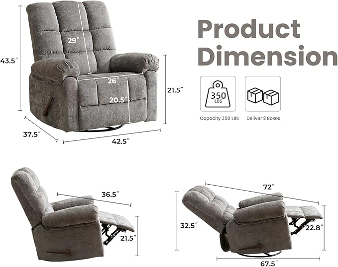 Oversized Swivel Rocker Recliner with Massage and Heat, 26" Extra Wide Manual Recliner for Adults & Big Man, Overstuffed Rocking Chair with High Back for Living Room, Grey Chenille