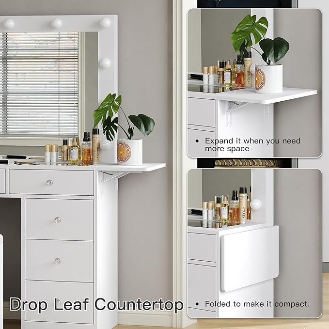 Vanity Desk with Power Outlet, 9 Drawers Makeup Vanity with Mirror and 12 LED Lights, 3 Lighting Modes, Glass Top Vanity Set, Fold-up Panel, Dressing Table for Bedroom