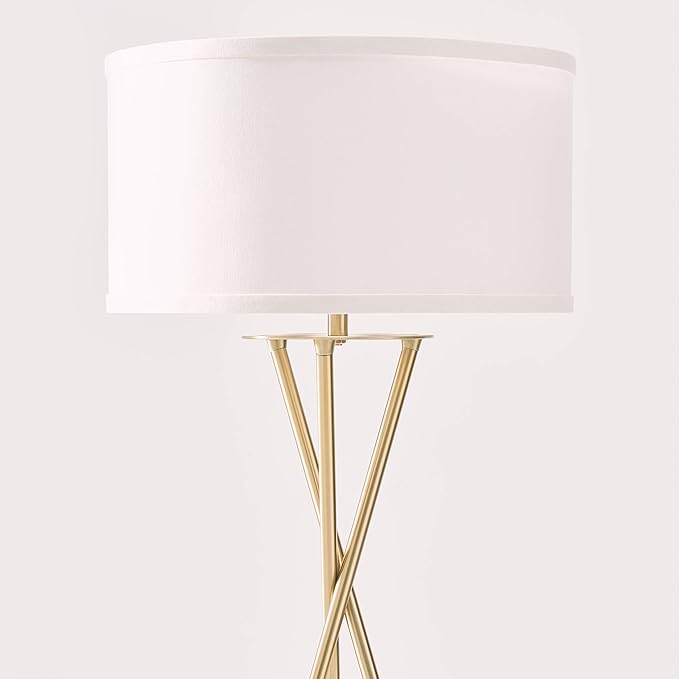 Brightech Jaxon LED Floor lamp, Modern Lamp for Living Rooms & Offices, Tall Lamp with Contemporary Drum Shade, Gold Tripod Standing Lamp for Bedroom Reading, Great Living Room Decor - Brass