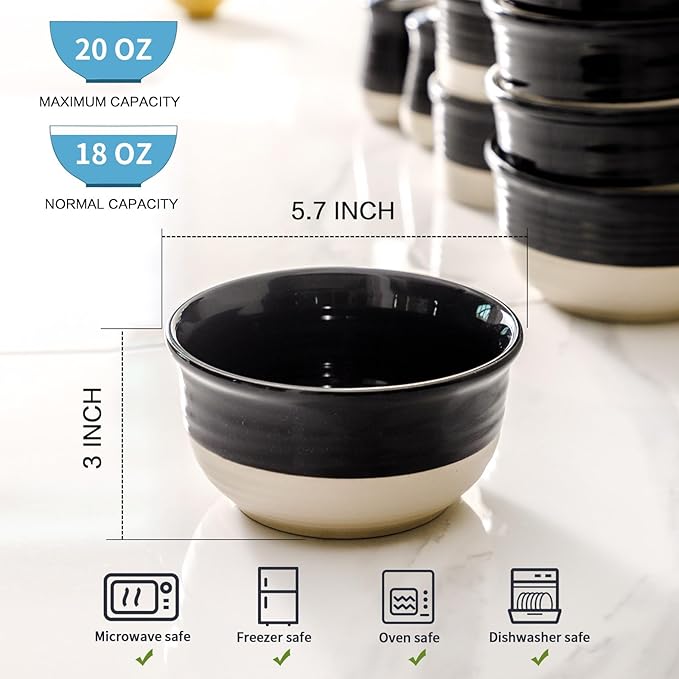 HASENSE Ceramic Soup Bowls and Cereal Bowls, 20 OZ Bowls for Kitchen Set of 6, Stackable Bowls Set for Ramem, Salad, Oatmeal, Rice, Snack, Dishwasher Microwave Safe, Black