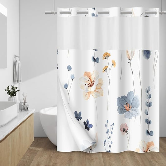 No Hook Shower Curtain with Snap in Liner - Watercolor Floral Shower Curtain - Fabric Waterproof Inner Liner, Plants Blue Beige Flowers White Cloth Shower Curtains Washable, 71 x 77 Inch