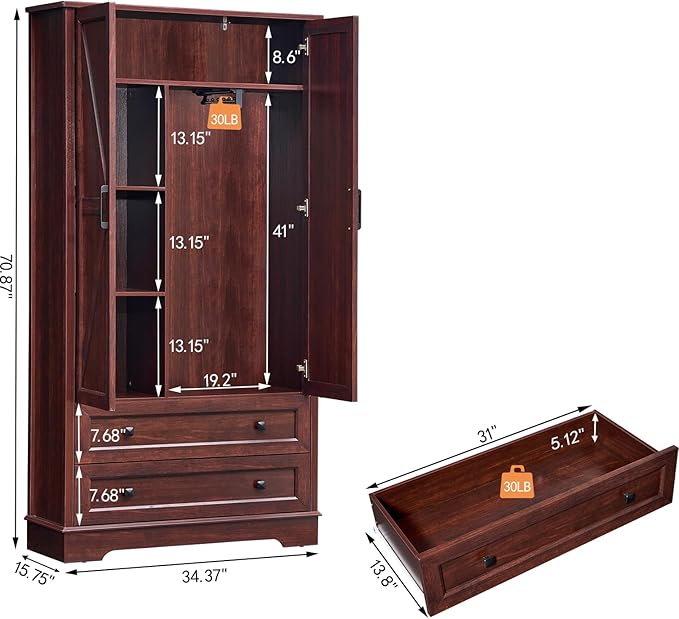 SOOWERY Dresser for Bedroom, Farmhouse Dresser with 2 Wooden Drawers and Storage Cabinets, 71 Inches Tall Chest of Drawers for Bedroom, Living Room, Hallway, Dark Cherry