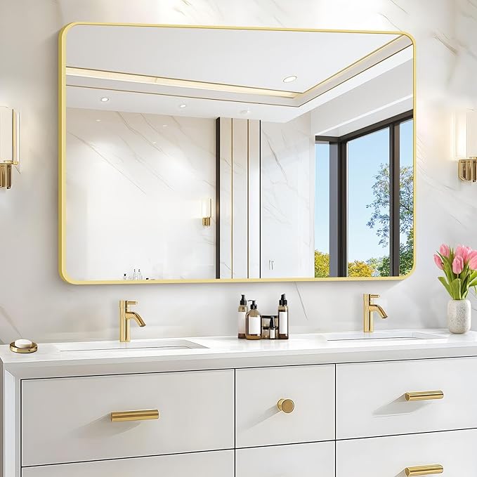 36"x48" Bathroom Mirror, Gold Rectangle Mirror, Large Rectangular Wall Mirror, Rounded Corner Vanity Mirror with Aluminum Metal Frame for Bathroom Bedroom Living Room Horizontal/Vertical