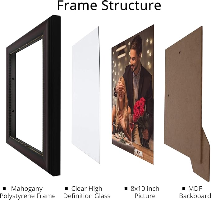 GraduatePro 8x10 Picture Frame for Tabletop Display and Wall Mounting Wooden 2 Pieces Mahogany with Gold Beaded Collage Brown