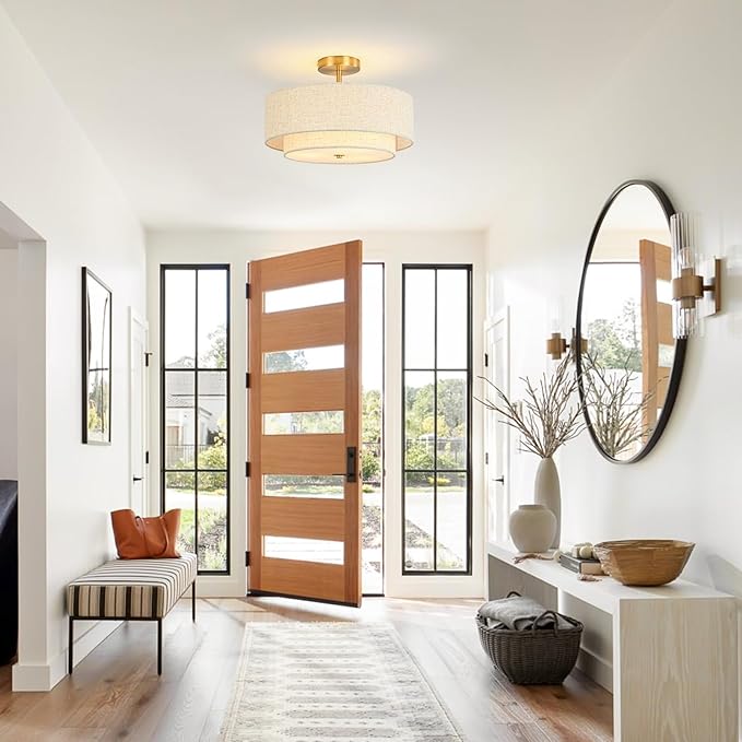 16" Semi Flush Mount Ceiling Light, 3-Light Gold Drum Ceiling Light Fixture with 2-Tier Fabric Linen Shade, Farmhouse Chandelier for Dining Room, Living Room, Bedroom, Kitchen, Hallway, Entryway