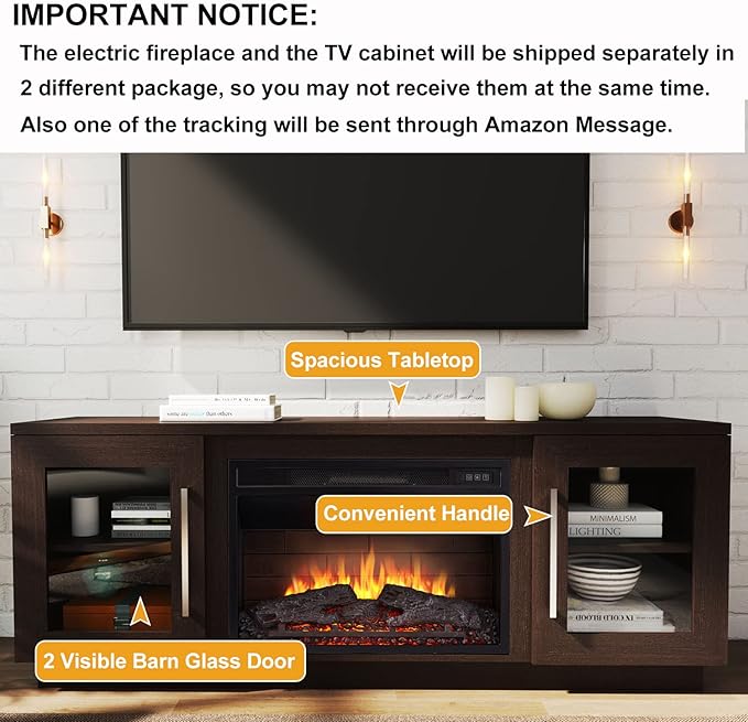 Cheerway 3D Fireplace TV Stand for TVs up to 65’’, Wooden Media Entertainment Center Table & TV Cabinets w/ 6 Storage Shelves & Barn Door, Electric Fireplace w/Remote Control & Adjustable Flame