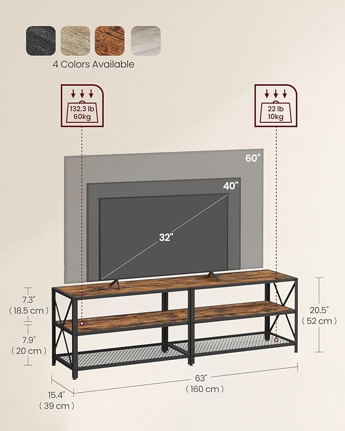 VASAGLE TV Stand for TV up to 70 Inches, TV Table, Entertainment Center, 3-Tier TV Console, Steel Frame, Industrial Style, for Living Room, Rustic Brown and Black ULTV095B01