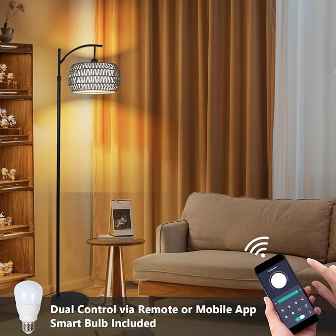 Arc Floor Lamp for Bedroom, Boho Standing Lamp with Remote & LED Smart Bulb, Rattan Floor Lamps for Living Room with 3 Color Temperatures, Height Adjustable Corner Tall Lamp, Stand up Light for Office