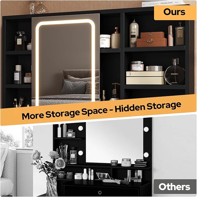 Vanity Desk with Sliding Mirror & LED Lights, Smart Makeup Table with Charging Station, Hairdryer Holder, 7 Shelves, 3 Drawers, 2 Cabinets, Vanity with Extra Hidden Stroage for Bedroom,Black