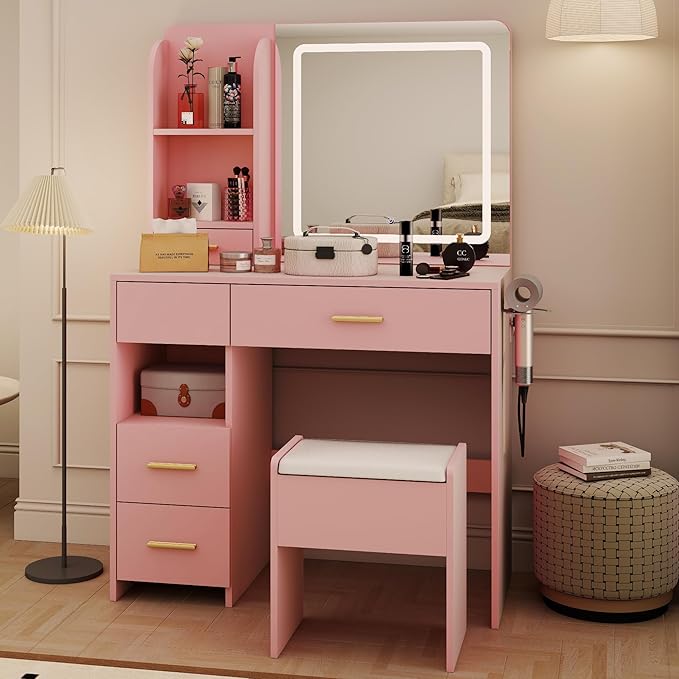 Vanity Desk with Mirror and Lights, 3 Adjustable Lighting Makeup Vanity Desk with 3 Storage Shelves, 5 Large Drawers and Power Outlet, Pink Vanity with Chair for Bedroom