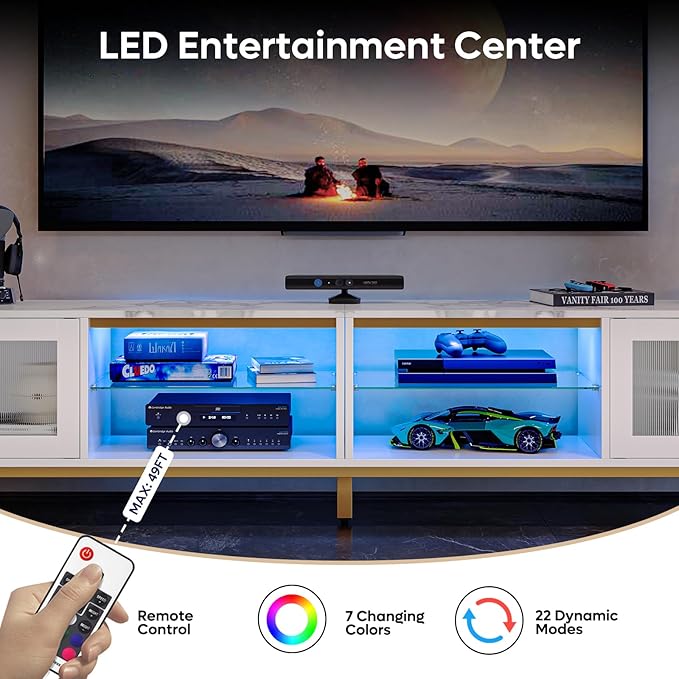 Bestier 80 Inch TV Stand for TVs Up to 85", 4 in 1 Entertainment Center with LED Lights, Modern Media Console Table with 2 Storage Cabinets & Adjustable Shelves for Living Room Bedroom, White Marble