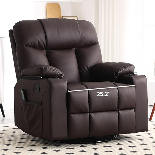 Bonzy Home Oversized Swivel Rocker Recliner, 40" Rocking Chair with Heating and Massage, PU Leather Single Sofa with 360° Swivel, 2 Cup Holders for Living Room Bedroom, Brown