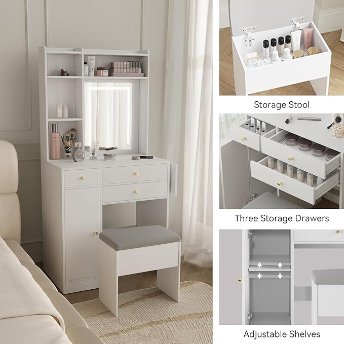 ARTETHYS Vanity Desk with Mirror and Lights White Makeup Vanities Set with Storage Chair Dressing Table with Drawer and Fold-up Panel for Bedroom