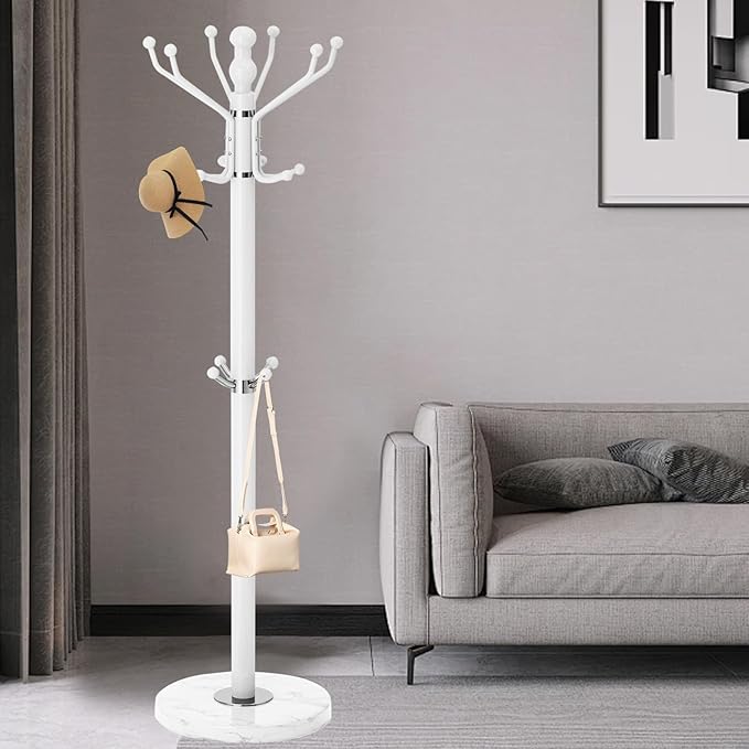 Modern Coat Rack with Natural Marble Base, Metal Freestanding Coat Racks with 16 Hooks, Heavy Duty Coat Rack Stand, Standing Coat Hall Tree Hanger Holder Stand for Entryway,Office