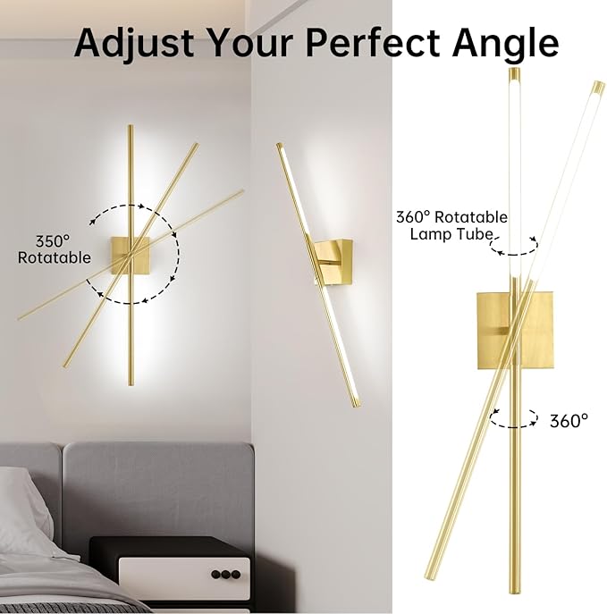 Battery Operated Wall Sconce Set of 2, 10400mAh Rechargeable Wall Sconces, 3000K-6000K Dimmable, 350°Rotate, Indoor Wall Lights for Bedroom Living Room Bathroom, Gold, 31.5 Inch