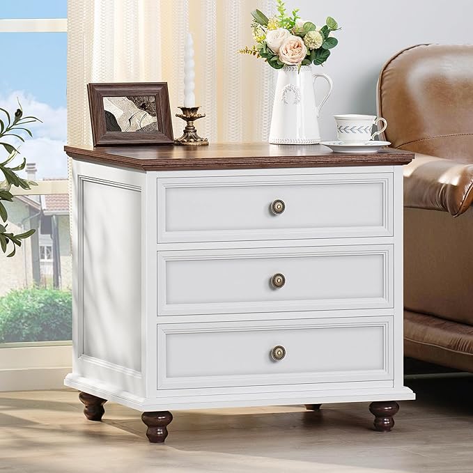 24" Wide Farmhouse Night Stand Set of 2,Large End Table with 3 Drawers & Metal Handle,White Wood Dresser for Bedroom, Bed Side Table Chest of Drawers Cabinet, Nightstand for Living Room,Closet