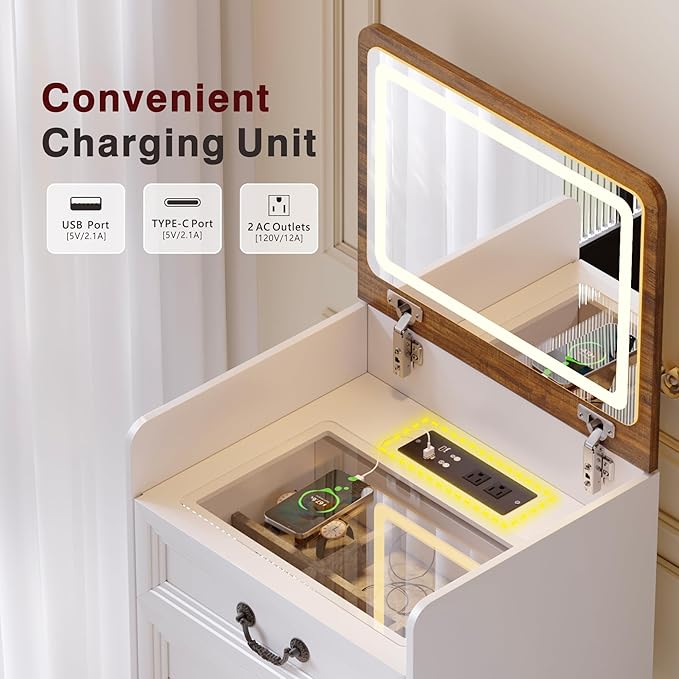 Lvifur 3 in 1 Vanity Desk with Flip Top Mirror and 3 Color Lights,Small Compact Vanity with Charging Station,Glass Top Makeup Vanity with 3 Drawers,Rolling Cushioned Stool