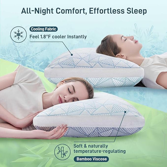 Shredded Memory Foam Cooling Soft Bamboo Viscose Pillow Queen Size, Adjustable Hypoallergenic Hotel Quality Bed Pillow for Side, Stomach or Back Sleeper, Oeko-TEX Certified