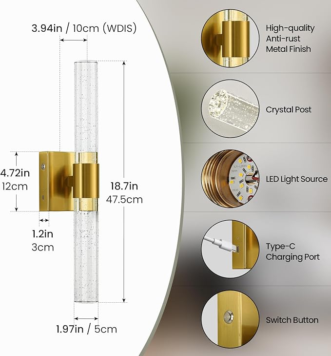 Gold Wall Sconces Set of Two Battery Operated, Wireless Rechargeable Wall Sconce Set of 2 with Remote Control, Modern LED Wall Light for Bedroom, Living Room, Hallway (4000K)