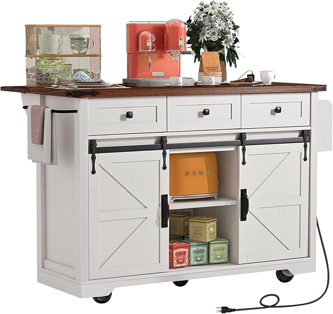 Kitchen Island with Power Outlet & Drop Leaf, 54" Kitchen Rolling Island on Wheels with Spice Rack & Towel Rack, Kitchen Island Cart with Storage, White