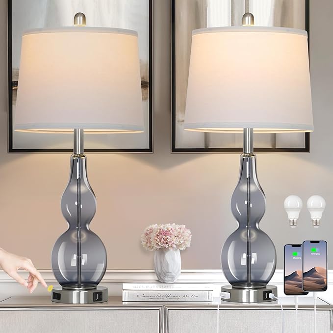 27.5" Gray Clear Glass Table Lamp Set of 2,3-Way Dimmable Touch Control Bedside Lamps with USB Ports and AC Outlet, Modern Nightstand Lamps for Bedroom Living Room