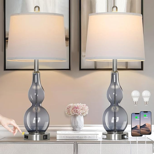 27.5" Gray Clear Glass Table Lamp Set of 2,3-Way Dimmable Touch Control Bedside Lamps with USB Ports and AC Outlet, Modern Nightstand Lamps for Bedroom Living Room
