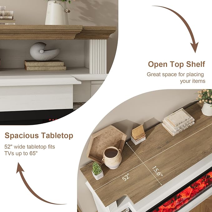 QUW Fireplace TV Stand for TVs up to 65", Farmhouse 52" Fireplace Entertainment Center with 36" 3-Side Glass Electric Fireplace, TV Console with Open Storage Shelves for Living Room, Antique White
