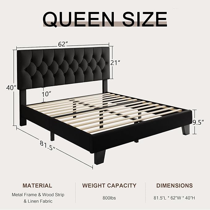 Queen Upholstered Bed Frame with Headboard, Button Tufted Linen Bed Base, Platform Bed with Wood Slat, Heavy Duty, Easy Assembly, No Box Spring Needed, Black