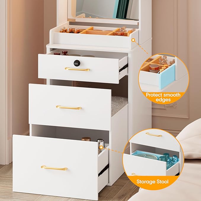 KAMABOKO Vanity Desk with Mirror and Lights, Large Makeup Vanity Table Set with Drawers & Cabinets & Power Outlet, 3 LED Lights Modes Adjustable (029 White)