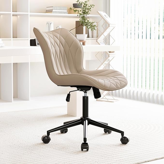 YOUNUOKE Armless Desk Chair Comfy Office Chair with Wheels Home Ergonomic Task Chair Adjustable Computer Chairs Modern Faux Leather Swivel Chair Upholstered Makeup Vanity Chair with Back(Khaki)