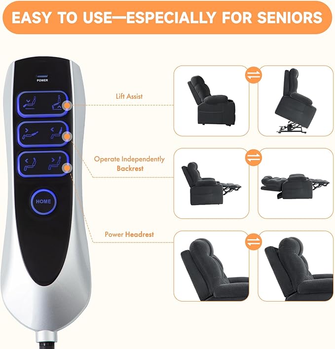 Triple Motor Large-Wide Power Lift Recliner Chair with Power Headrest for Big and Tall Elderly, Infinite Position, Massage Heat, Extend Footrest, USB, Cup Holder, Plush Flannel, Dark Grey